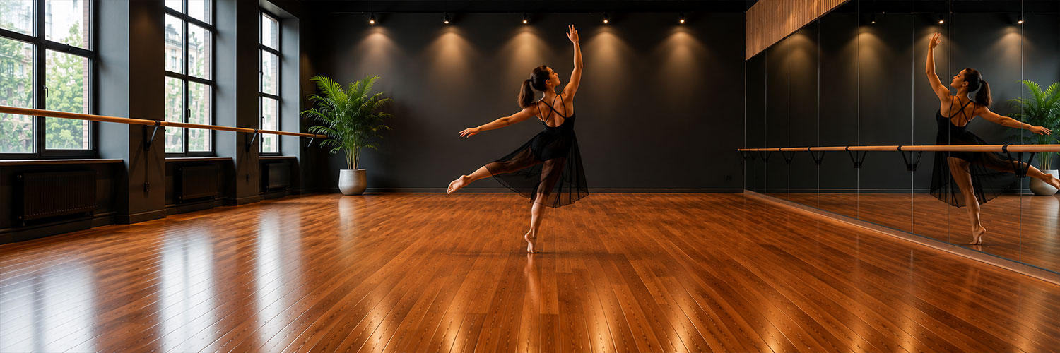 Professional sprung maple dance floor installation with shock-absorbing subfloor and low-friction anti-slip finish inside a modern dance studio.